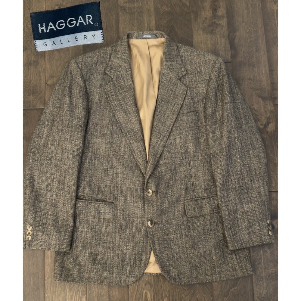 Haggar Gallery Mens Wool Blend Beige Tweed Blazer Jacket Made In USA Size 44R‎
